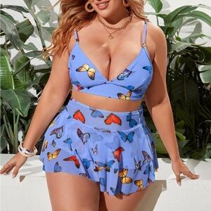 Plus Size Butterfly-Print Blue Swim Set